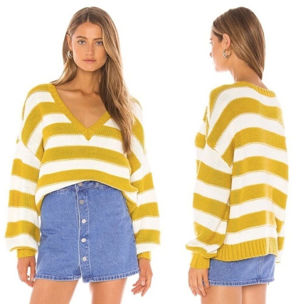 Lovers + Friends yellow white striped v-neck oversized blouson sleeve sweater